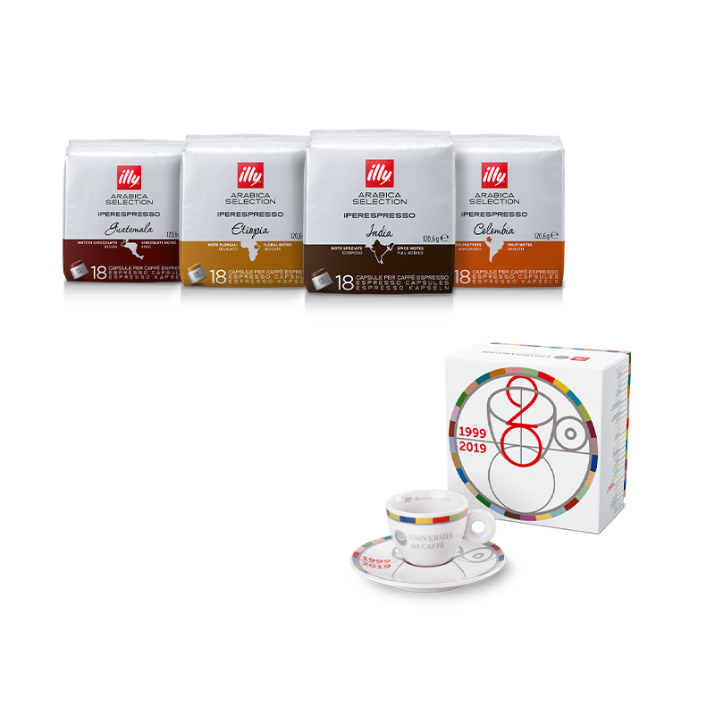 Kit degustazione caffè - 4 confezioni capsule Iperespresso Arabica Selection e tazzina 20° anniversario Università del Caffè